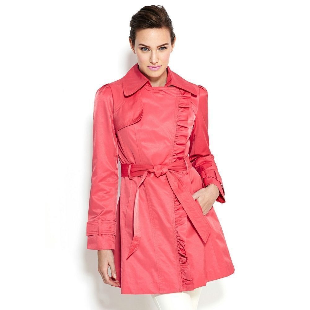 New! JESSICA SIMPSON Ruffle-Front Belted Trench Coat Plus Size Coral Color 1X - Picture 3 of 4